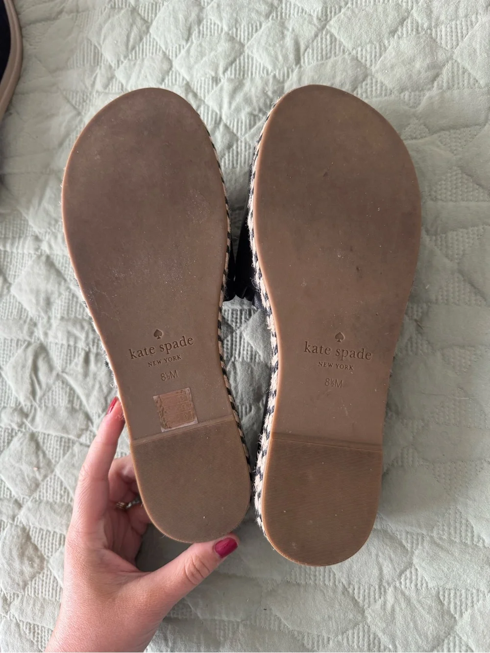 kate spade Black Ruffle Slide Sandals with Braided Espadrille Trim
